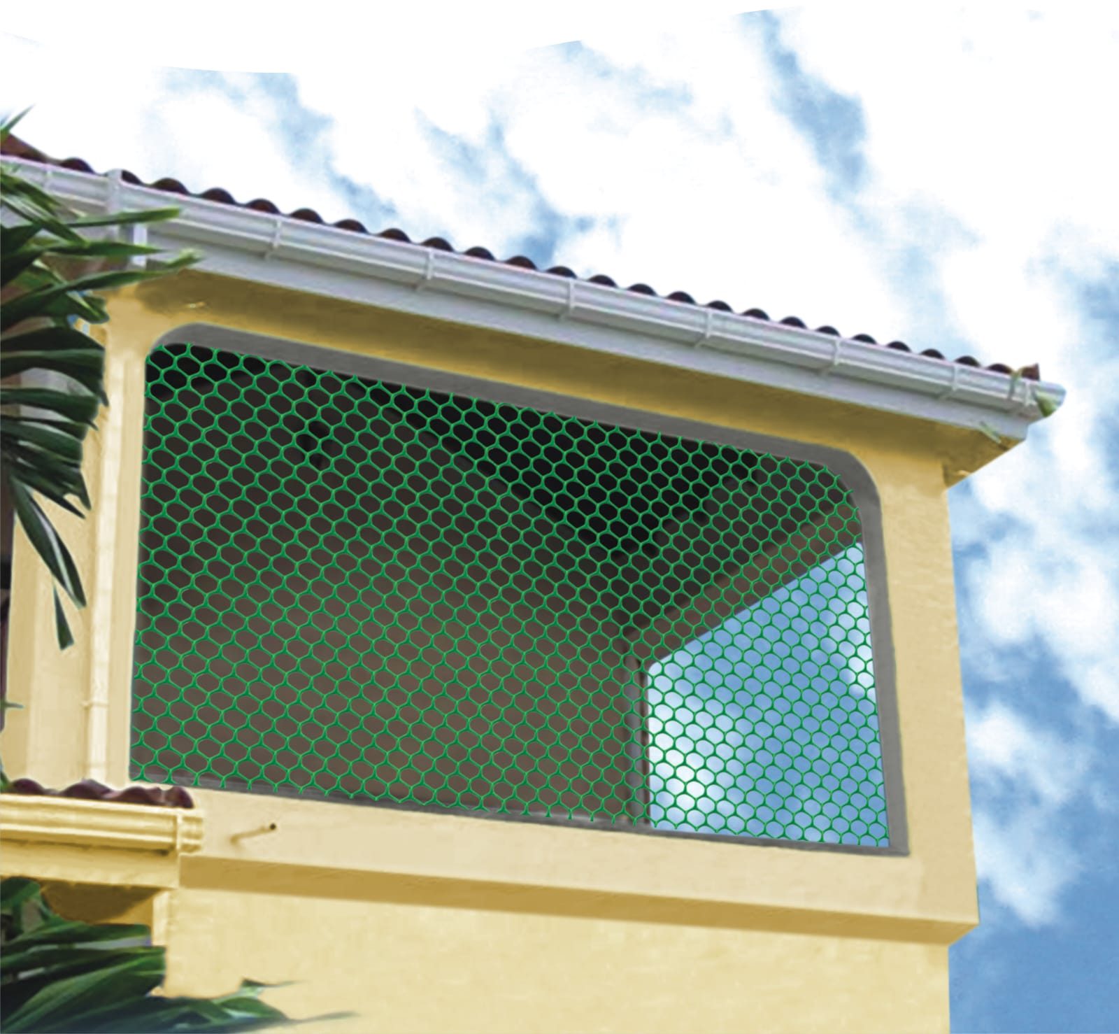 Green HDPE protection netting fitted across a balcony opening in Kolkata