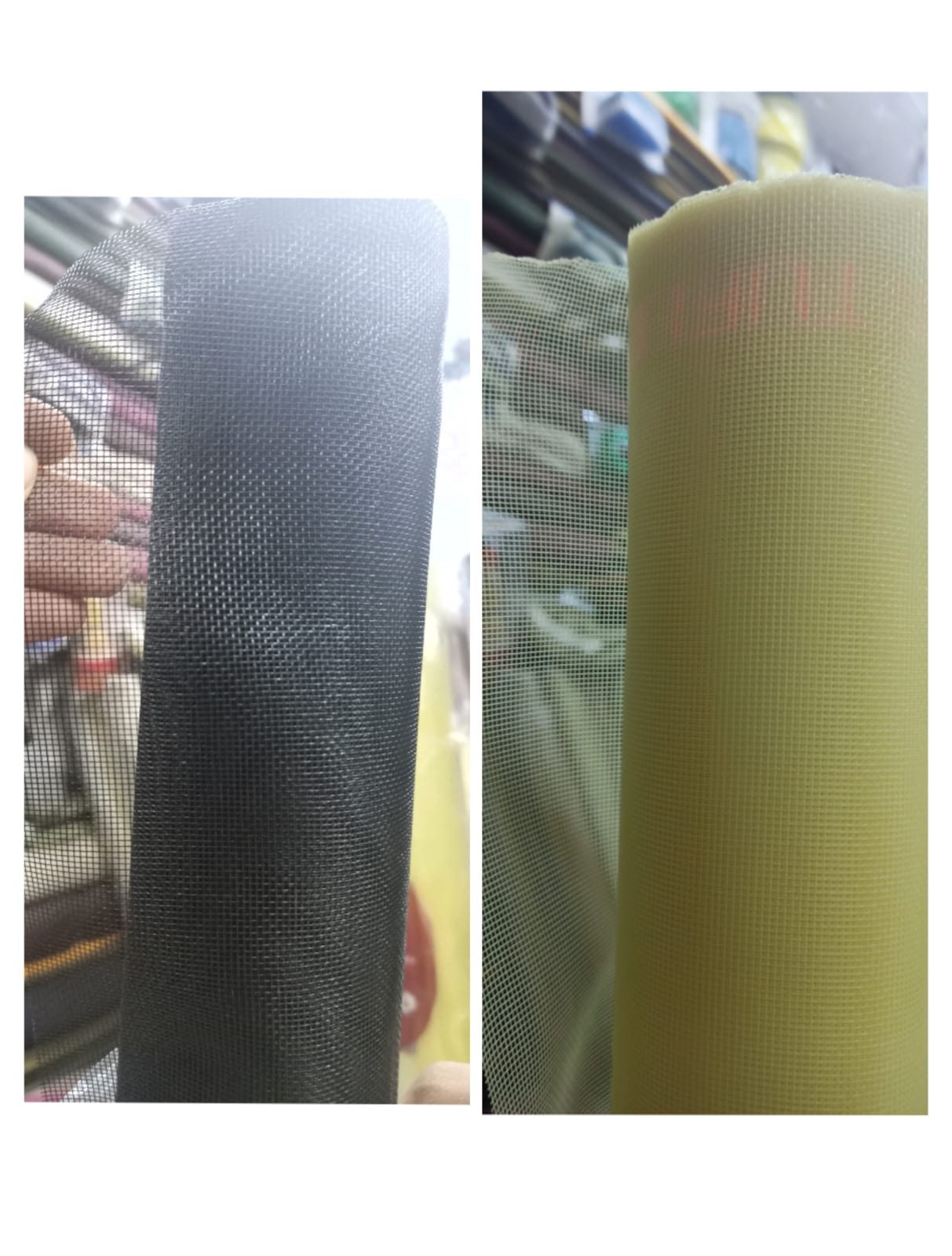 Close-up comparison of black polyester mosquito mesh and cream fibreglass mosquito mesh