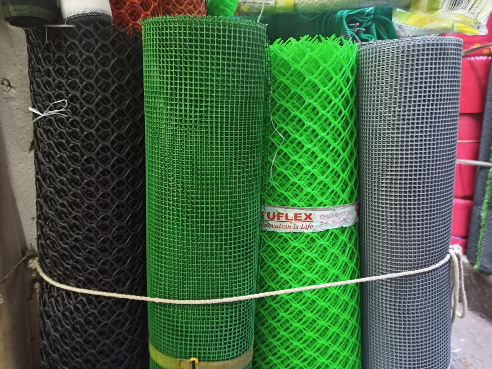 Tuflex and HDPE mesh rolls in black, green and grey at the Luxmi Narayan Enterprises shop in Chandni Chowk Market, Kolkata